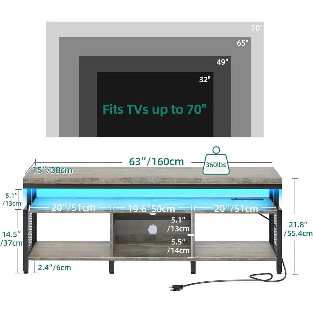 LED Television Stands w/Power Outlets for 70/65 inch,Industrial TV Stand,w/Open Storage TV Table,Center for Living Room, Gray 4
