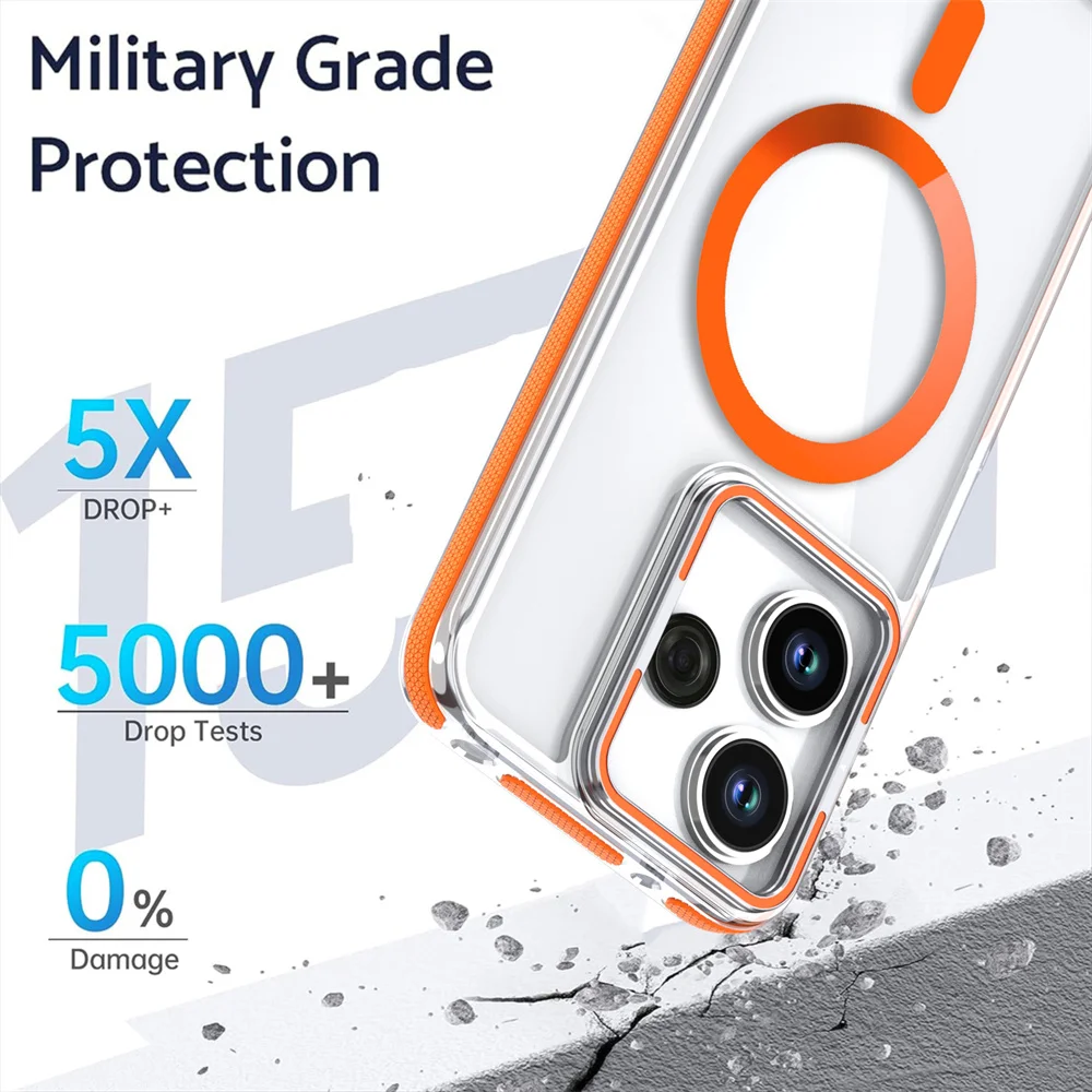 Estuche con soporte de anillo para cámara de grado militar para Redmi Note 13 Pro + cubierta de carga inalámbrica magnética de PC rígida transparente_voghion.com