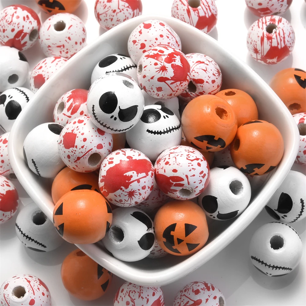 10 stücke 16mm halloween gruselige holz perlen natürliche holz abstands halter perlen für schmuck machen diy urlaub dekorations zubehör – Detail 2