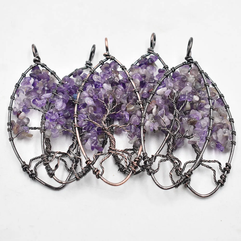 

Wholesale 6pcs/lot natural stone amethysts horse eye-shaped life tree ancient copper wire wrapped pendant for jewelry marking