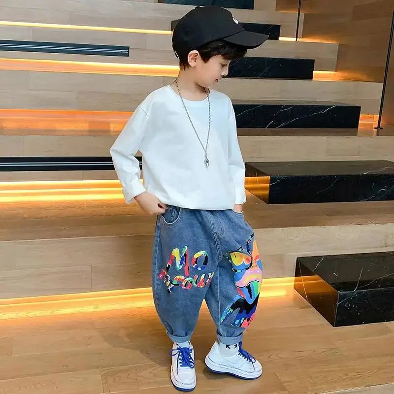 Children's Jeans Spring and Autumn 2023 New Children's Casual Pants Boys and Babies Loose Print Pants 3-9Y