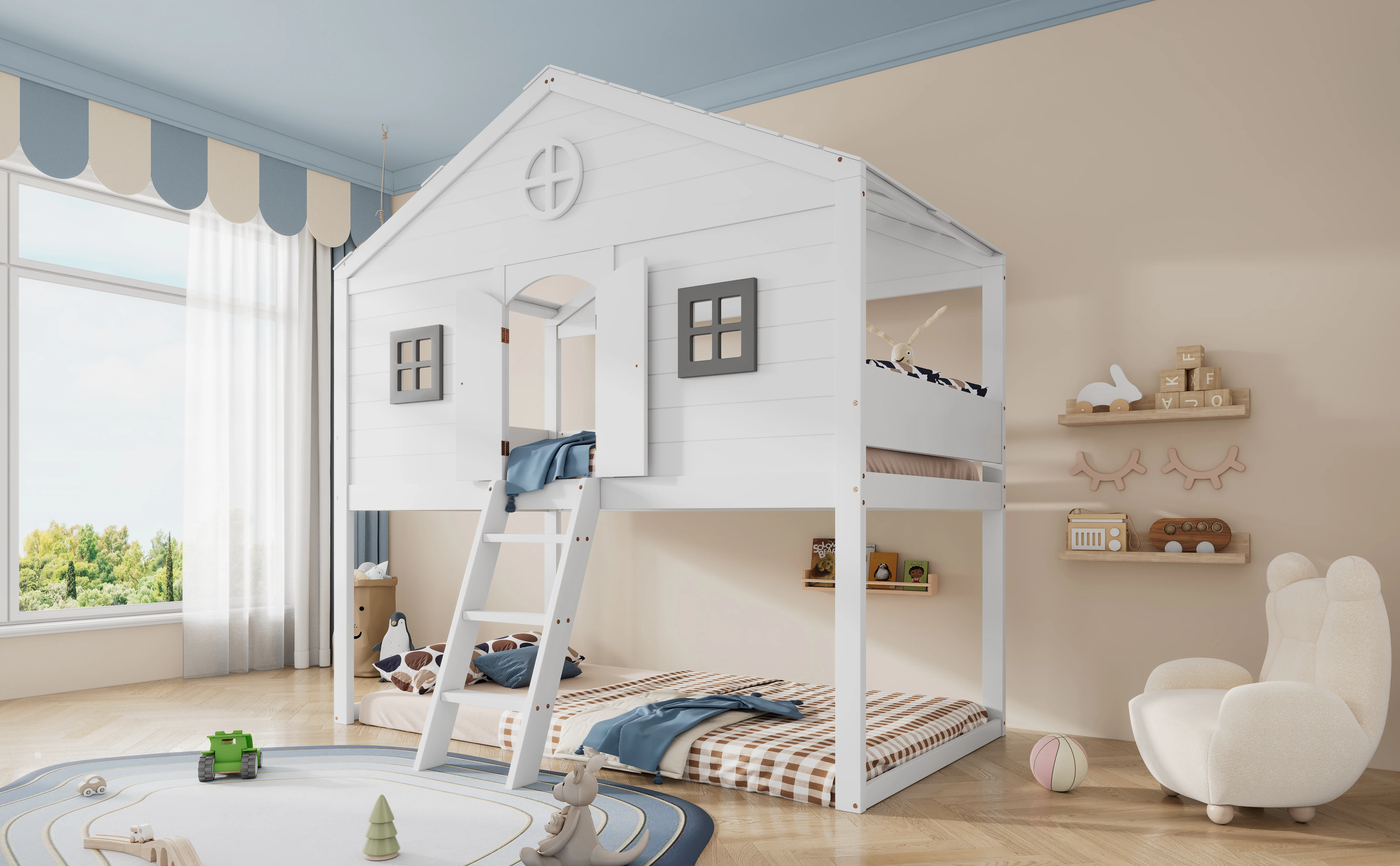 Hausbett mit Treppe, Absturzsicherung und Geländer, zwei graue Fenster, Kinderbett mit Fenster, frei gestaltbare Unterbettfläche – Detail 24