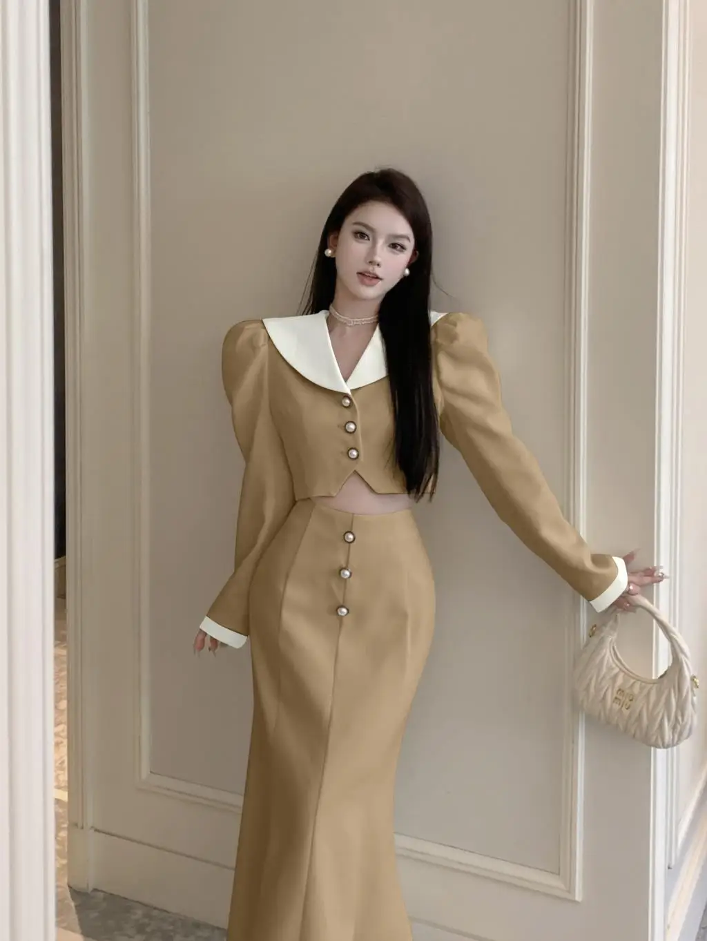 Elegant Two Piece Set Women Long Sleeves Short Coat + High Waist Mermaid Skirt Autumn Winter Solid Korean Style Patchwork Outfit