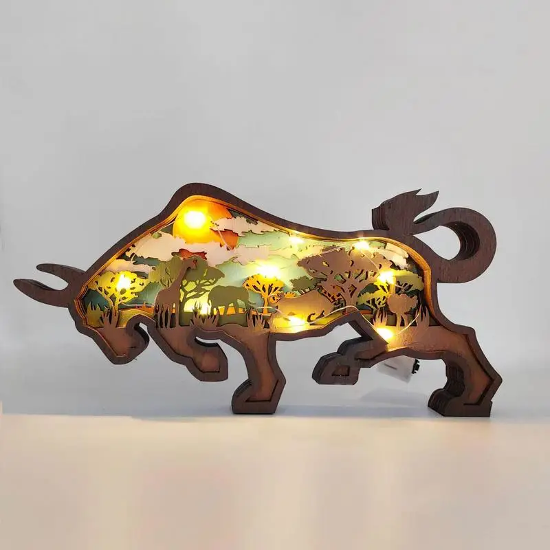 

3D деревянные Многослойные животные деревянные игрушки животные полые многослойные Бизон Настенный декор со встроенной фотовспышкой 3D художественное освещение