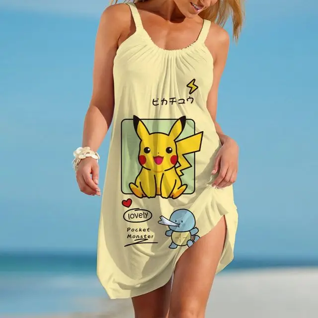 

Midi Dresses for Women 2023 Sling Pikachu Sexy Beach Dress Sleeveless Women's Summer Sundresses Y2k Pokemon Loose Elegant Party