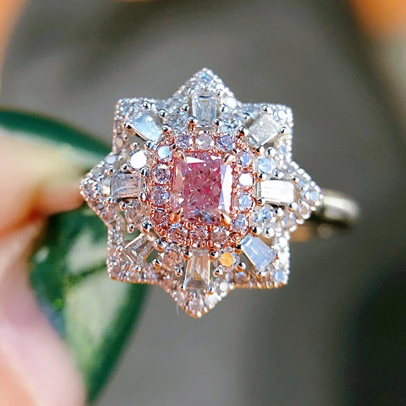 

Taobao Douyin Live Inlaid Imitation Natural Argyle Pink Diamond Ring Luxurious Full Inlaid Princess Square Diamond Women's Ring