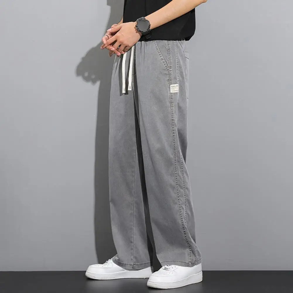 Description Picture 3 of itemMen Pants Wide Leg Straight Thin Side Pockets Drawstring Elastic Waist Solid Color Gym Traning Jogging Sweatpants Long Trousers