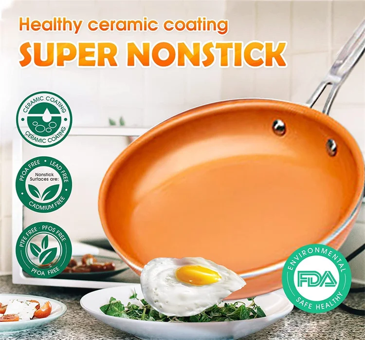 LMETJMA Frying Pan Nonstick 20 24 28cm Frying Pan with Ceramic Titanium Coating Round Copper Egg Pan Kitchen Cookware KC0459