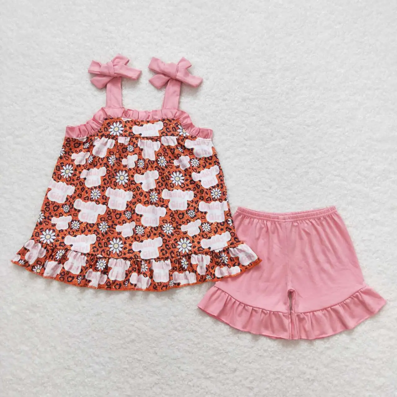 Wholesale Summer Kids Embroidery Set Children Daddy's Girl Tunic Love Dad Tops Toddler Ruffle Shorts Floral Ducks Leopard Outfit