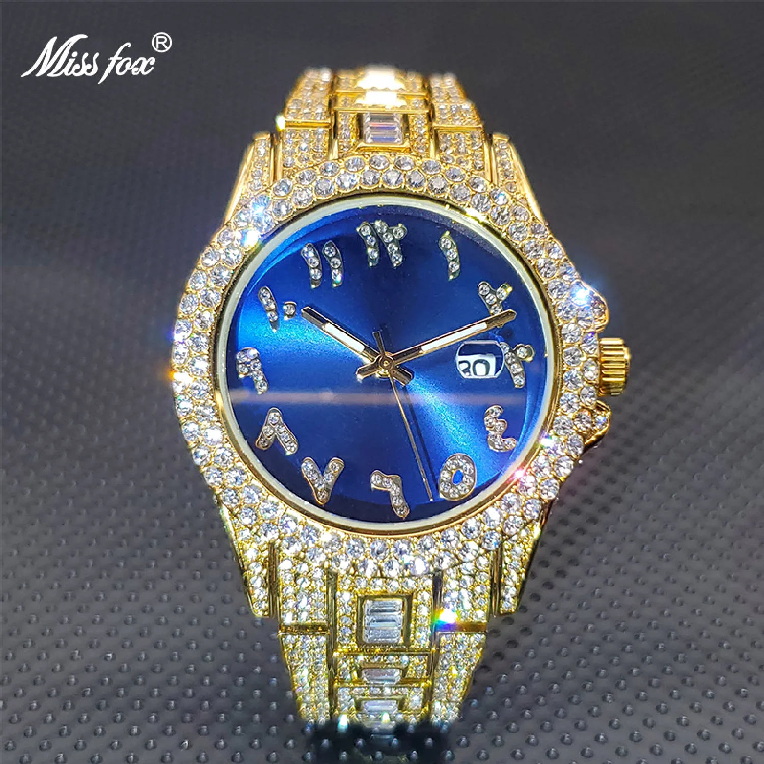 

Gold Men's Watches New Fashion Luxury Brand Square Moissanite Royal Bule Dial Quartz Watch Automatic Calendar Hour Dropshipping