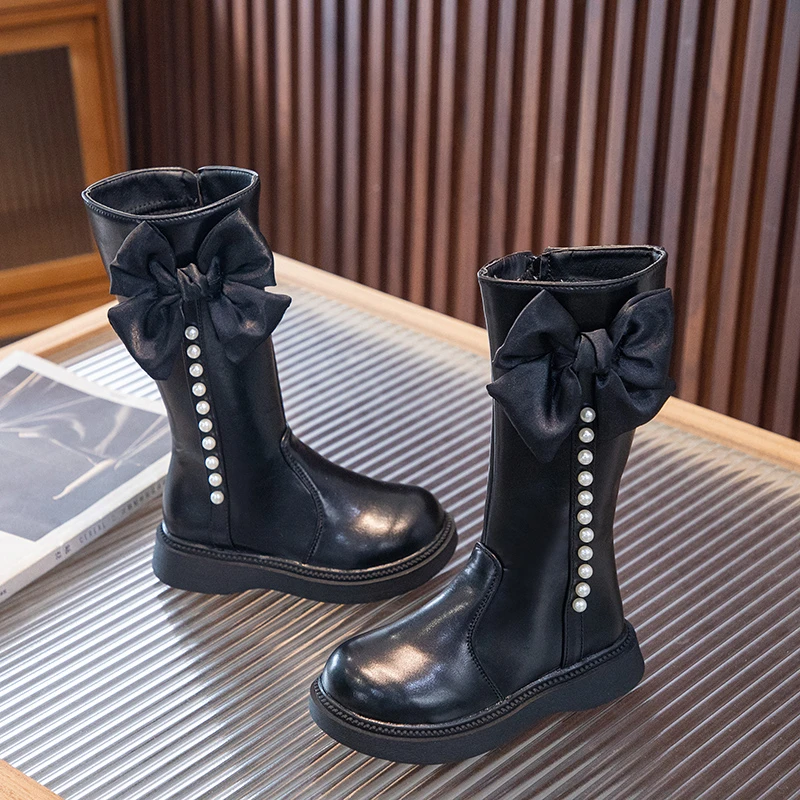 Girls Long Boots with Bow-knot Sweet Children School Performance Leather Boots Fashion Kids Catwalk Princess Boots Winter New