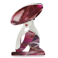Wuli&baby Acrylic Big Hat Lady Brooches For Women 2-color Modern Girl Figure Party Office Brooch Pin Gifts 2
