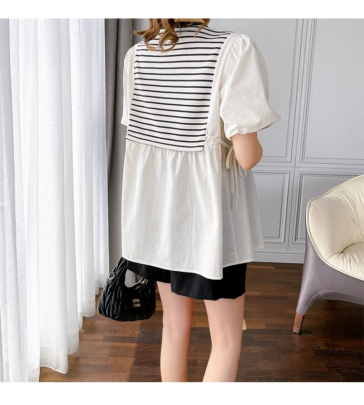 Korean Style Striped Patchwork O-Neck Puff Sleeve Maternity Shirts Loose Fashion Pregnant Woman Blouse Pregnancy Cotton Top Tees