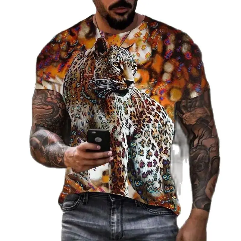 

Футболка мужская с цифровой печатью, повседневный удобный пуловер с коротким рукавом, с 3D-принтом, с леопардовым принтом, летняя одежда