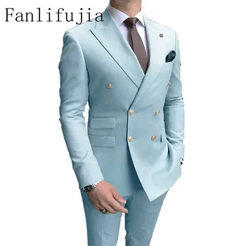 Fanlifujia Store 2024 Casual Sky Blue abiti da uomo Double Brested Peak risvolto bottone dorato smoking da sposa sposo miglior Costume Homme
