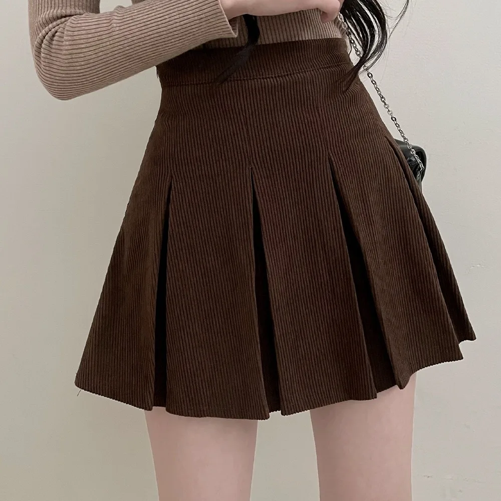 Retro Corduroy A-Line  Skirt High Waist Slimming Pleated Design Autumn Winter Faion Ladies' Commute Sle Ciwalk