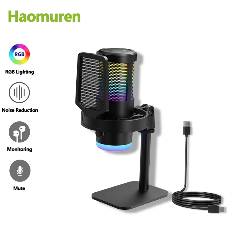 Haomuren RGB USB مكثف ميكروفون استوديو تسجيل هيئة...