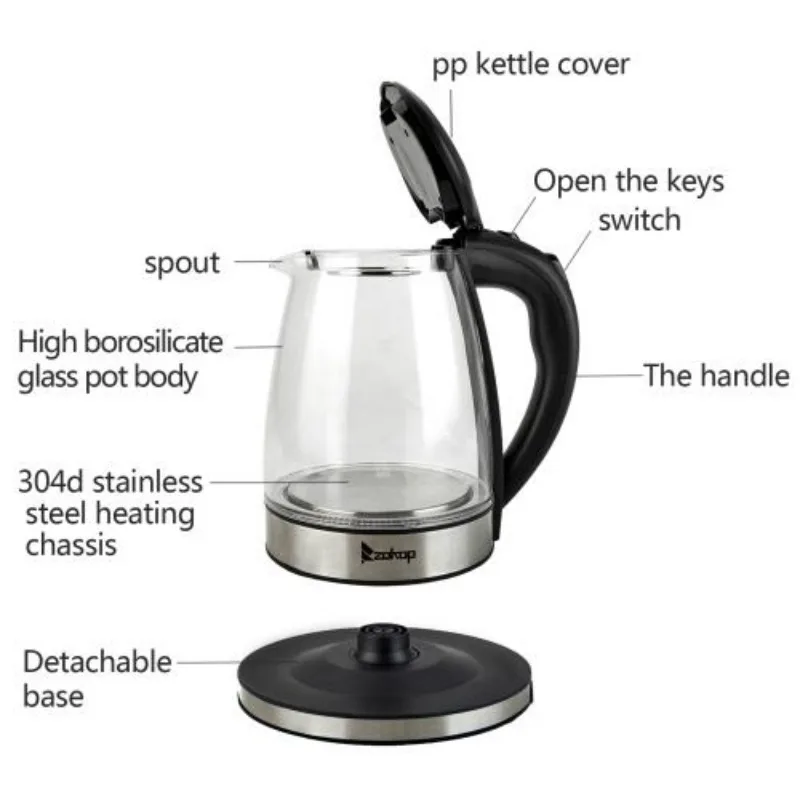 ZOKOP 1800W/1.8L Electric Glass Kettle with Infuser, LED Light, Auto 5 Minutes Shut-off, Boil Dry, Overheat Protection, BPA-Free 3