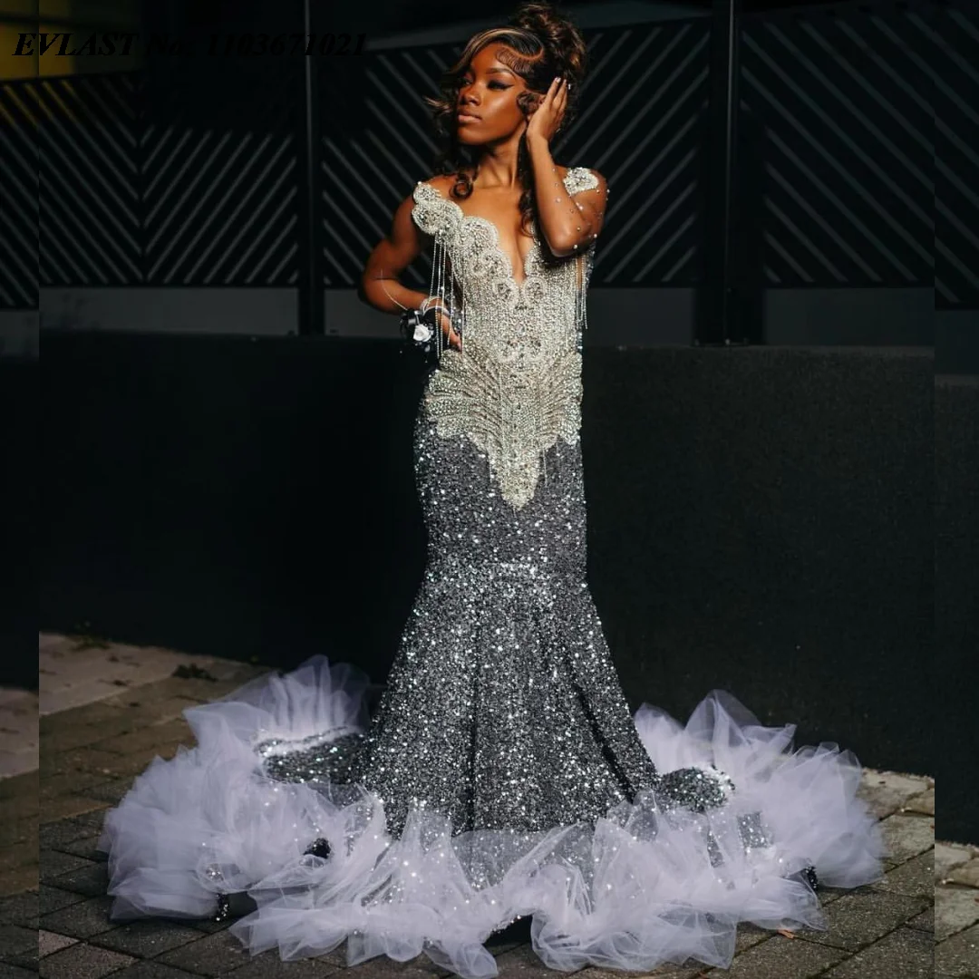 

EVLAST Sexy Silver Mermaid Prom Dress For Black Girls 2024 Ruffles Rhinestone Tassel Beaded Party Gowns Vestidos De Gala P2