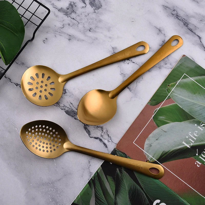 Stainless Steel Cutlery Set Kitchen Utensil Cooking Spatula Korean Golden Soup Spoon Hot Pot Spoon