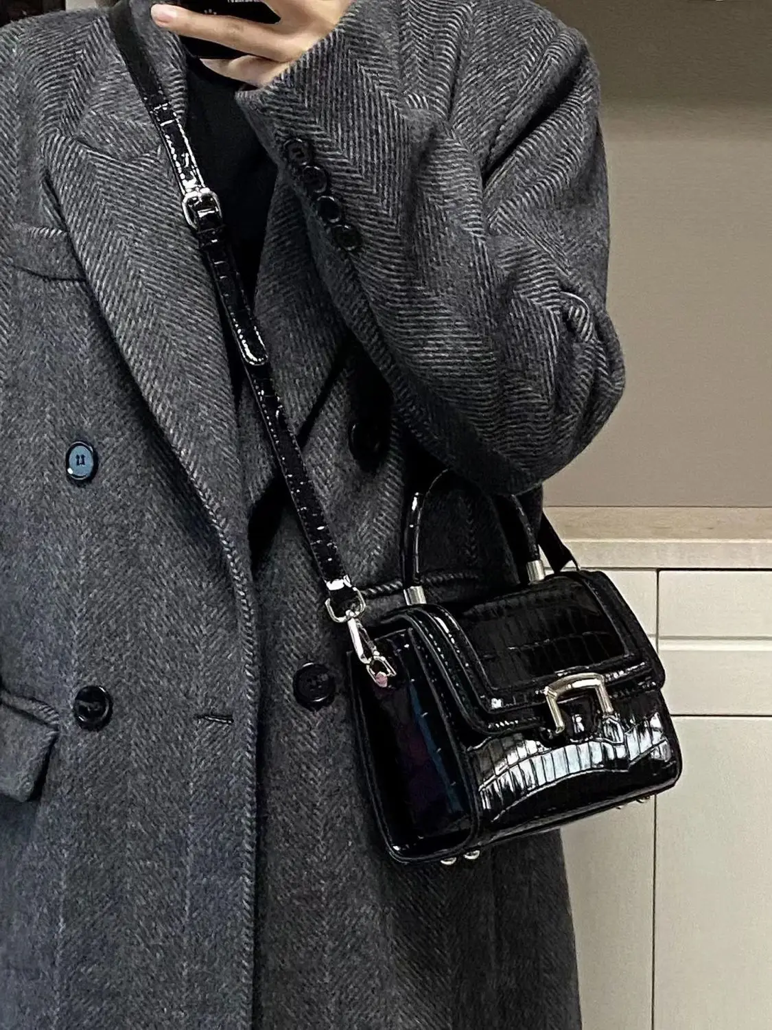 JIAERDI Retro Black Messenger Bag Women High Street Crocodile Handle Chic Leather Y2k Bag Female Vintage Square Crossbody Bags