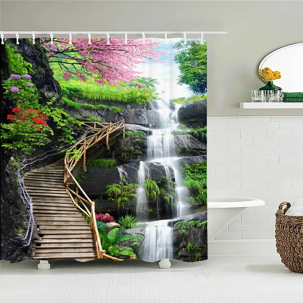 

Mountain Village Waterfall Landscape Shower curtain Forest Waterfall Corridor landscape Natural scenery Fabric bathroom decorati