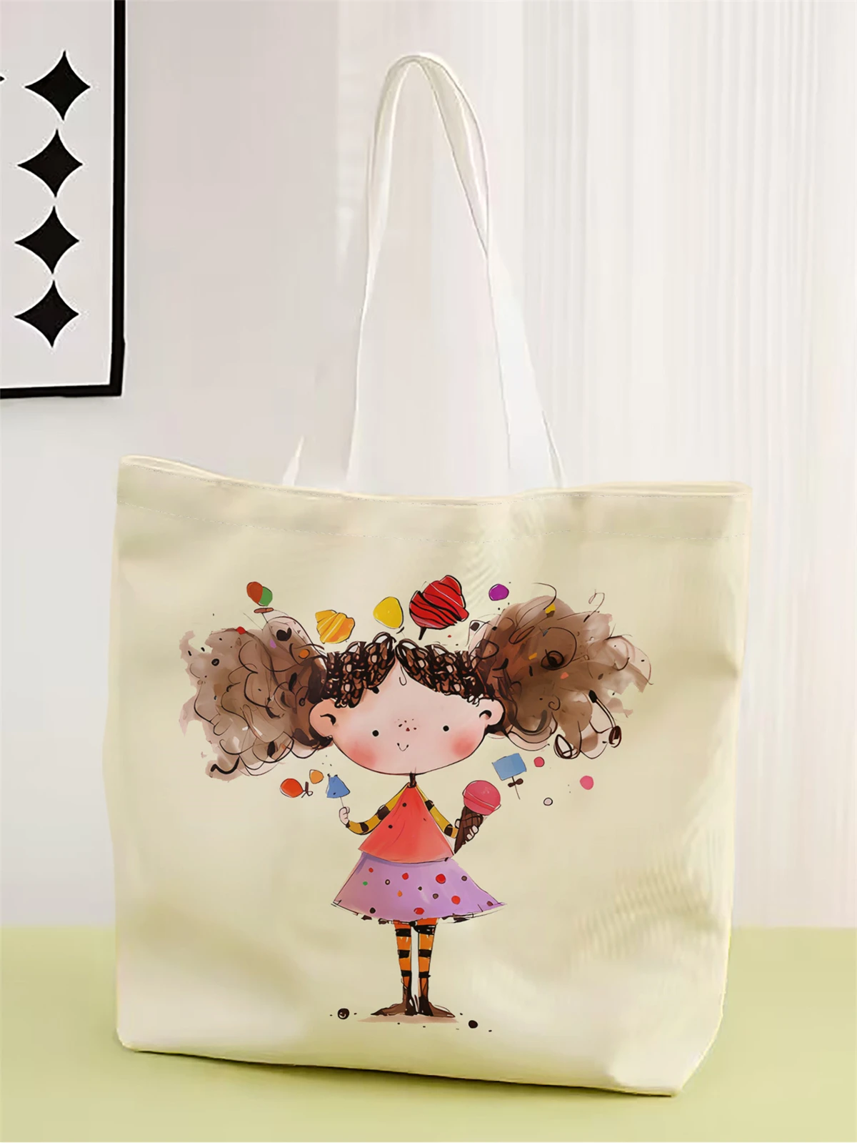 1pc,cartoon girl handbag, reusable fashionable handbag, multifunctional handbag, printed canvas shopping bag