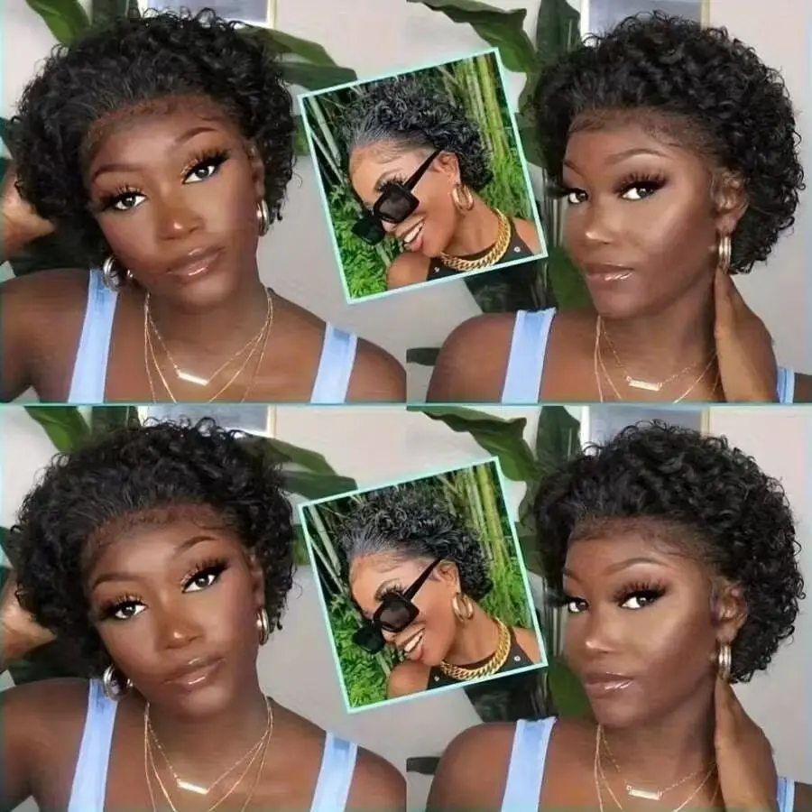 Parrucche in Capelli Umani Birmani per Donne di Colore, Parrucche Afro Ricce Pixie Bob Corte con Attaccatura Pre-Rifinita, Parrucche Bob con Onde d'Acqua e Frontale in Pizzo 13X1 - immagine 4