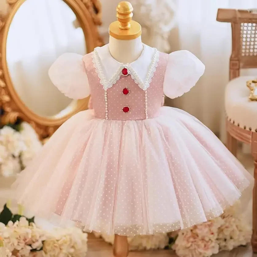 

Children's Princess Evening Gown Bow Lace Pearls Design Kids Wedding Birthday Baptism Eid Party Girls Perform Dresses