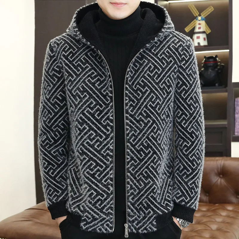 

Утепленное Мужское пальто с капюшоном 2023, теплое пальто на молнии, зимний плотный меховой Блузон Moto Homme, мужское шерстяное пальто с геометрическим узором