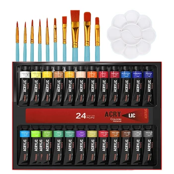 Set di colori acrilici professionali 12/24 colori 12 ml/tubo di vernice per tessuti Set di pittura a pigmenti impermeabili con pennello e tavolozza 1