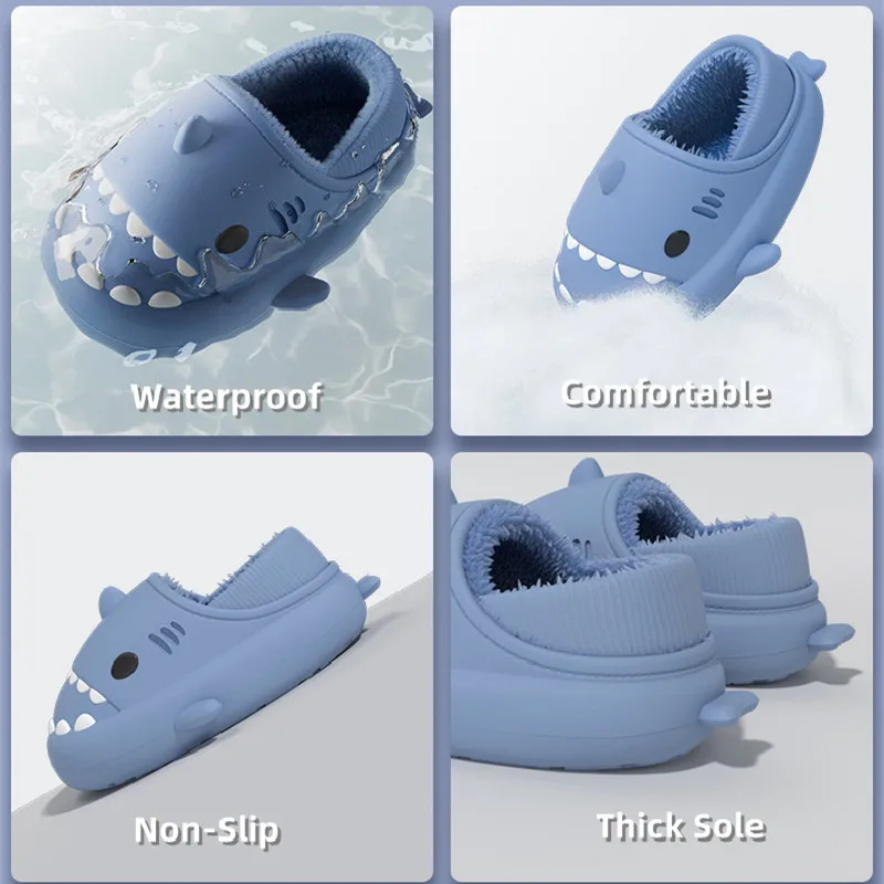 New Shark Slippers Women Men Winter Warm Plush Cartoon Shark Slides Home Furry Flats Outdoor Platform Waterproof Cotton Shoes 5