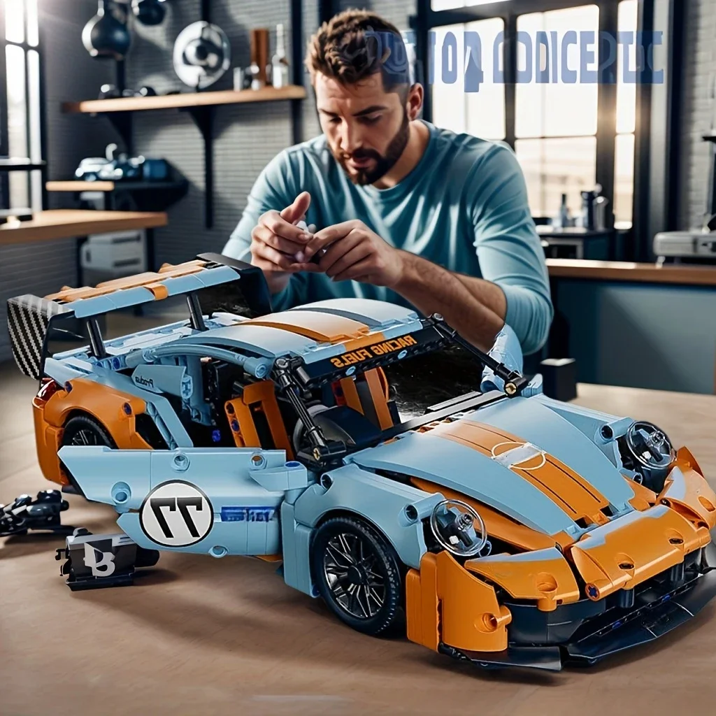 Supercar de bloco de construção laranja-azul 1:14, modelo de carro de montagem de plástico ABS, presente de aniversário/natal/Halloween/de ação de graças