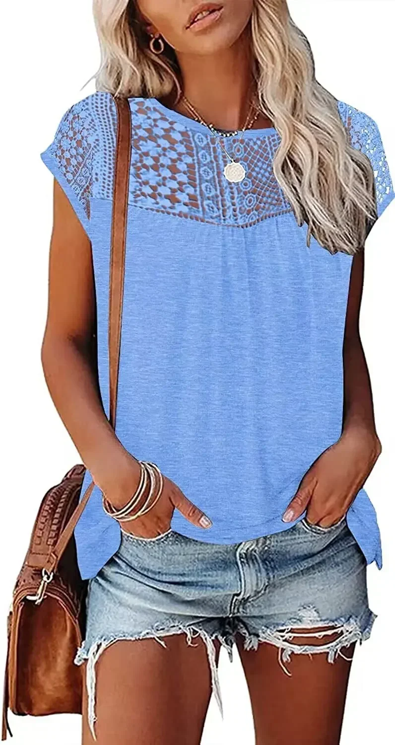 

2023 cross-border wish Amazon T-shirt women's latest hot spring short-sleeved lace printed blouse gray22