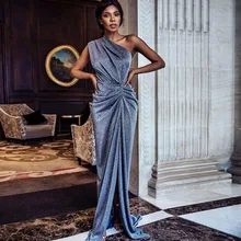 

2022 One Shoulder Blue Pleated Slit Evening Dress Winter Sleeveless Full Length Cocktail Party Gowns Elegant Vestidos De Noche