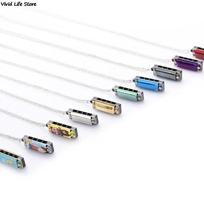 Mini 4 Hole 8 Tone Harmonica Metal Necklace Design Chain Toy Gift Color Random