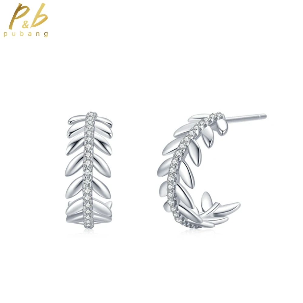

PuBang Fine Jewelry Solid 925 Sterling Silver High Carbon Diamond Luxury Leaves Stud Earrings for Women Party Gift Drop Shipping