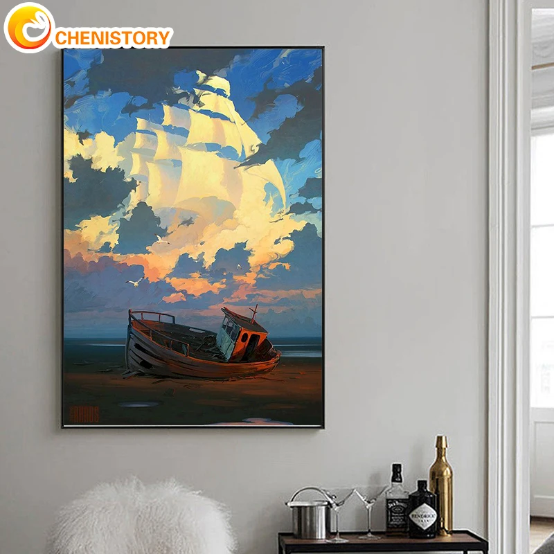 

CHENISTORY Painting By Numbers Sky Sailing Boat Adults Paints Pictures By Numbers Scenery Painting Unique Gift