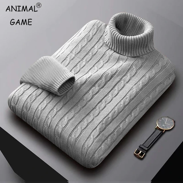 AutumnTurtleneck Knitted Sweater Outdoor Solid Color Pullover Streetwear Winter Warm Lightweight Basic twist sweaters men 1