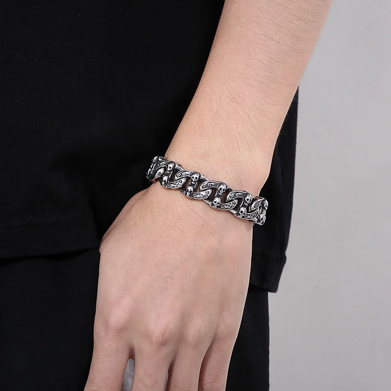 Fongten Punk Skeleton Men Bracelet Cuban Link Chain Stainless Steel Charms Bangle Rotre Skull Wrist Bracelets For Men Jewelry