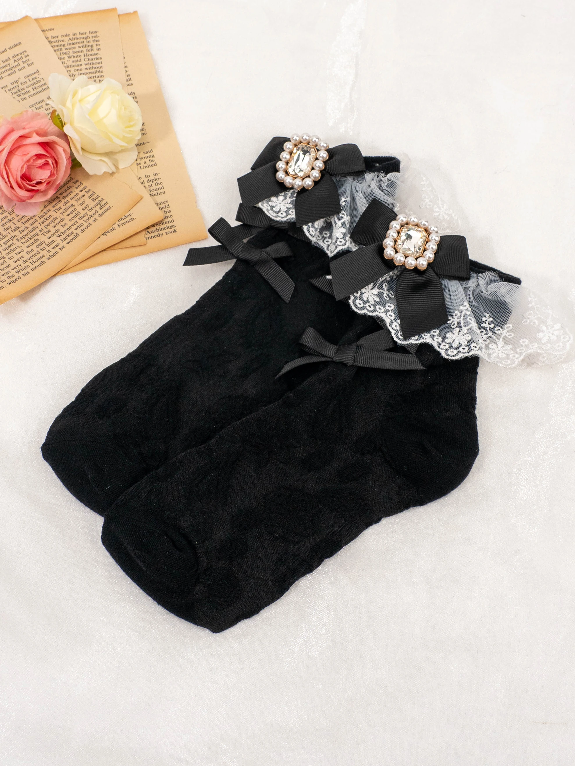 Lolita Style Bow Lace Socks White Black Spring Summer Socks for Lady Sweet Cute Japanese Style Women's Socks Fashion Lizlisa