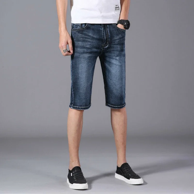 Men's Denim Shorts Summer Fashion Brand Stretch Thin Cotton Cowboy Male Knee Length Breeches Blue Casual Jeans Shorts Men