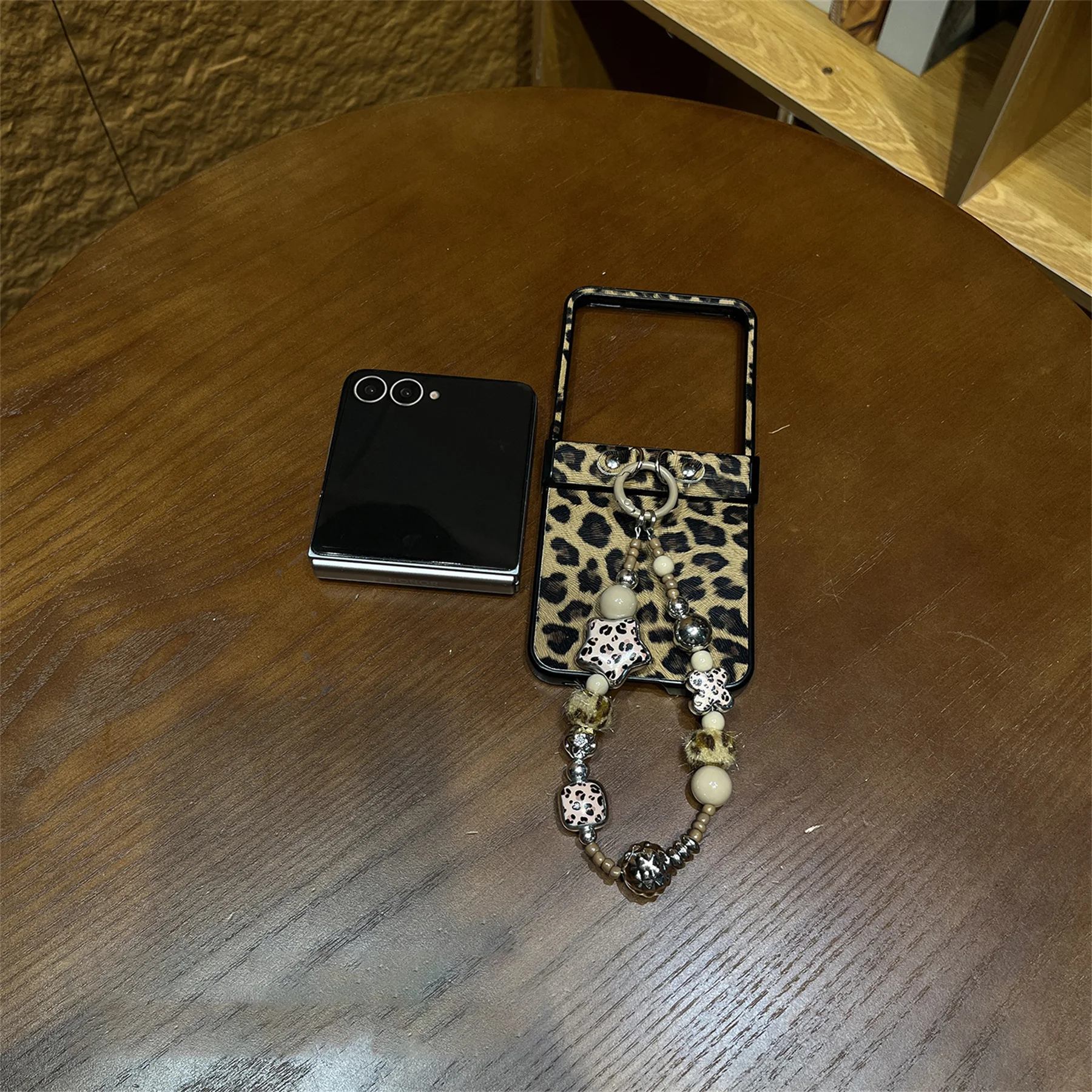 Korean Brown Leopard Print Phone Case with Hairball Star Bracelet