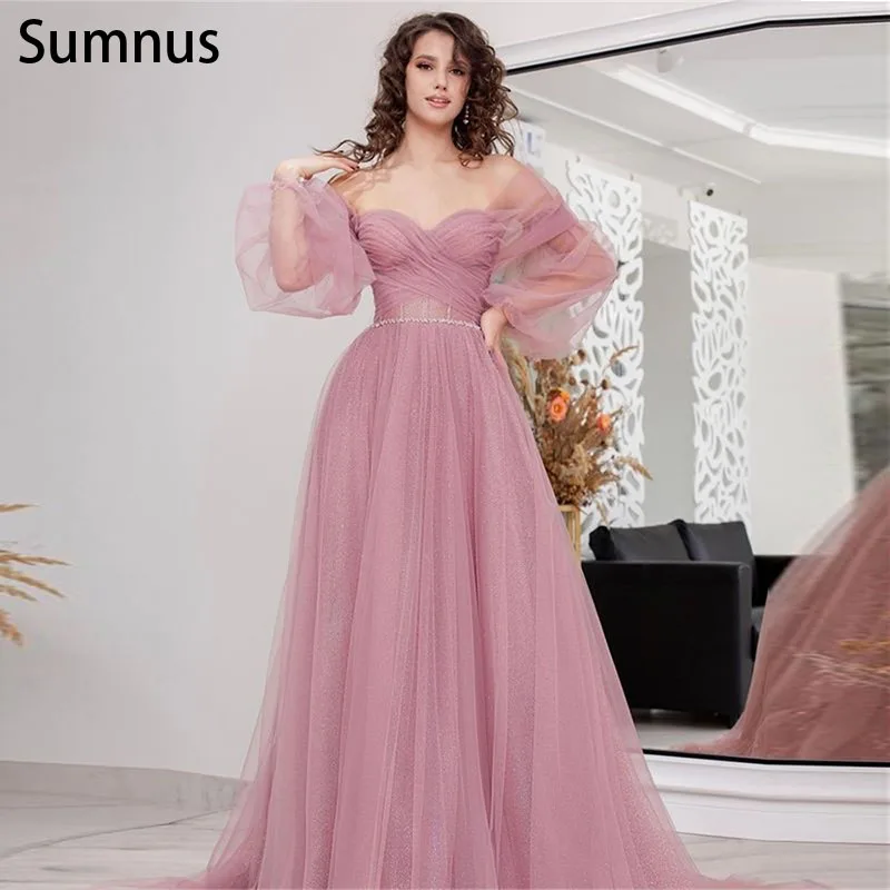 

Sumnus Graceful Pink Long A-Line Prom Dresses 2022 Tulle Puff Sleeve Illusion Sweetheart Evening Dress Robe De Soirée De Mariage