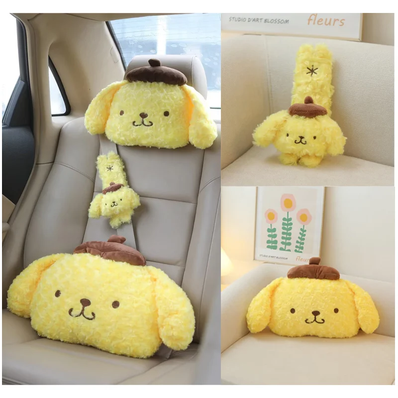 

Sanrioed Anime Figures Purin Dog Stuffed Plushie Doll Car Accessories Neck Pillow Headrest Cars Safety Belt Protective Cover