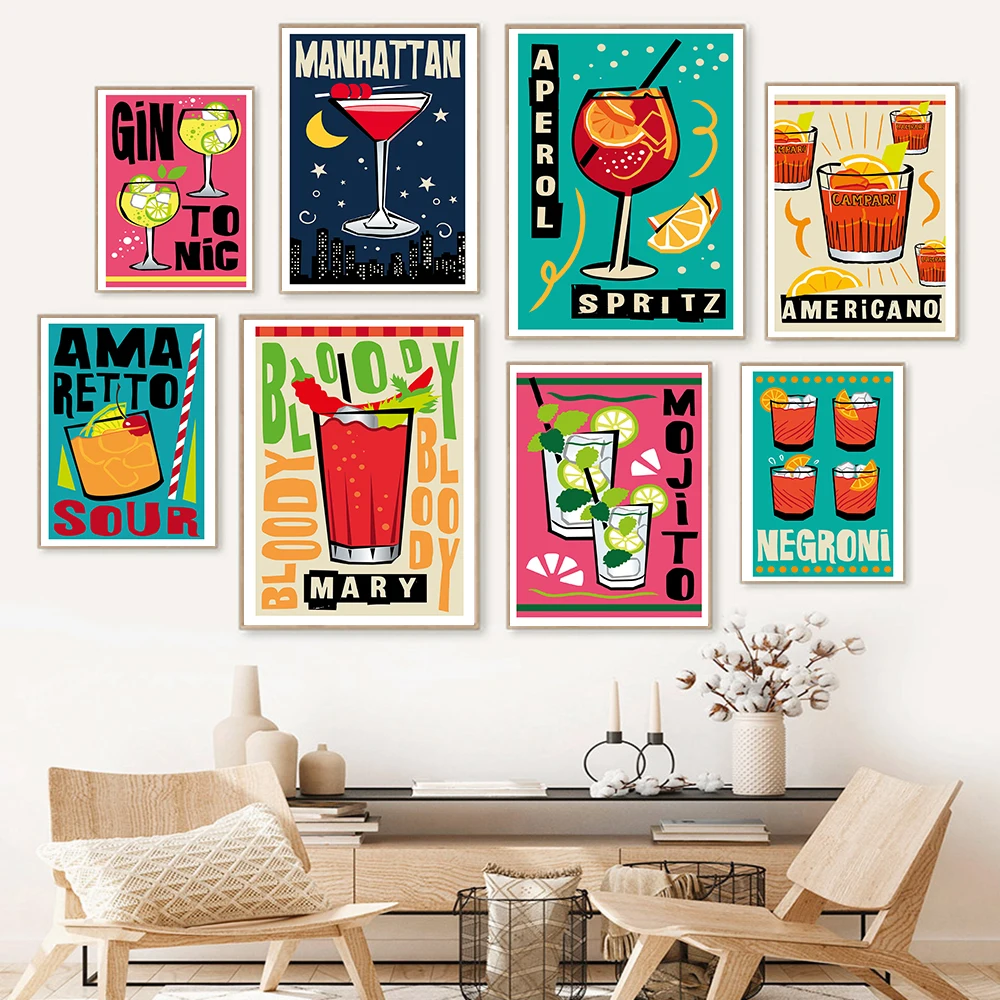 Cartoon Fruit Juice Mojito Manhattan Poster E Stampa Gin Tonic Drink Negri Canvas Painting Club Bar Shop Decorazione Della Casa