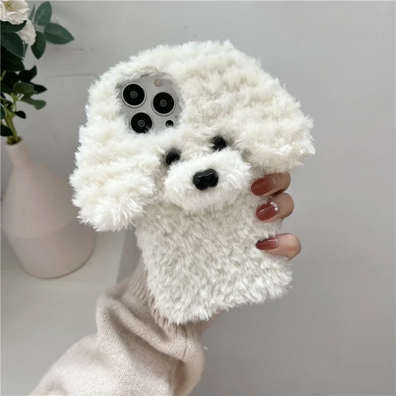 3D Teddy Dog Cartoon Phone Case with Cute Rabbit Fur Cover