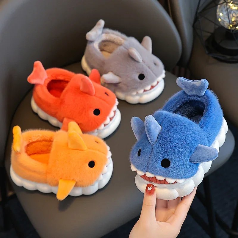 

Winter Heel Wrap Cotton Slippers Children's Cute Cartoon Shark Non-slip Soft Sole Kids Boys Girls Junior Warm Plush Home Shoes