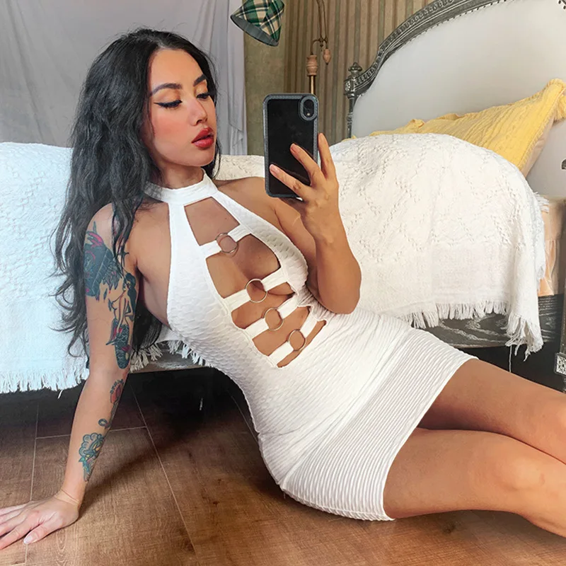 

Ardm Sexy Hollow Out With Buckle Bodycon White Summer Mini Dress Sleeveless Knitted Backless Black Party Dress Club Vestidos