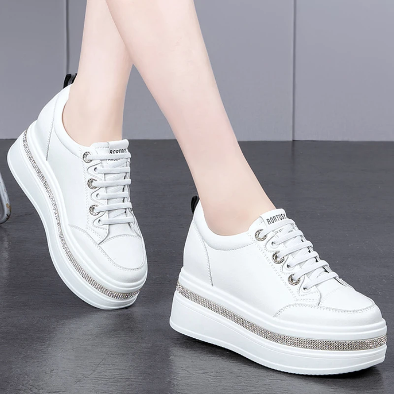 

Women Rhinestone Platform Sneakers Spring Leather Internal Height Increase Vulcanized Shoes Lace Up Trainers Zapatos Para Mujer